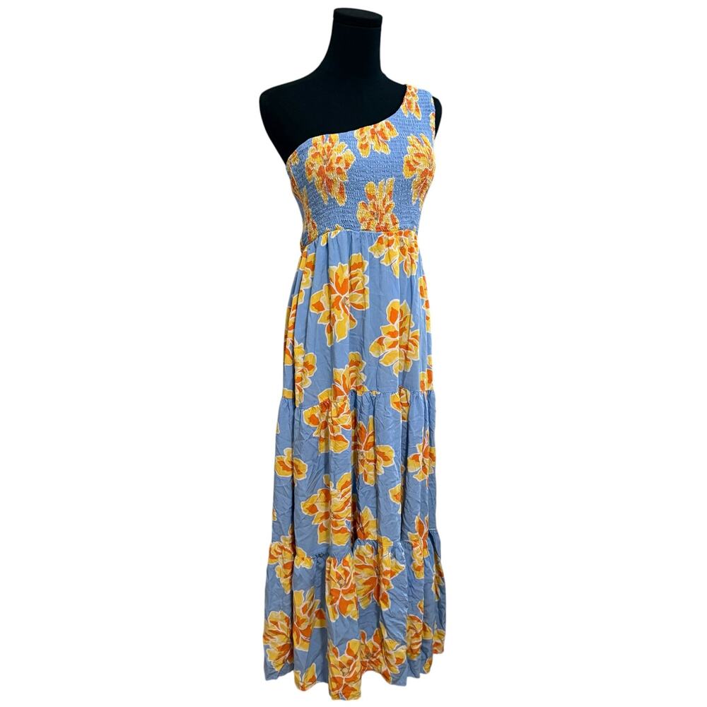 Abel the Label Dress Maxi Floral Pattern Print Smocked Blue Yellow Resort Large